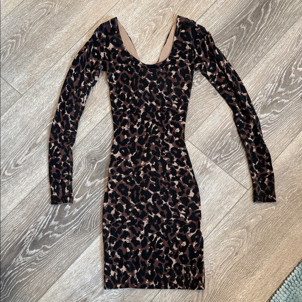 Guess Black and Brown Leopard Long Sleeve Dress